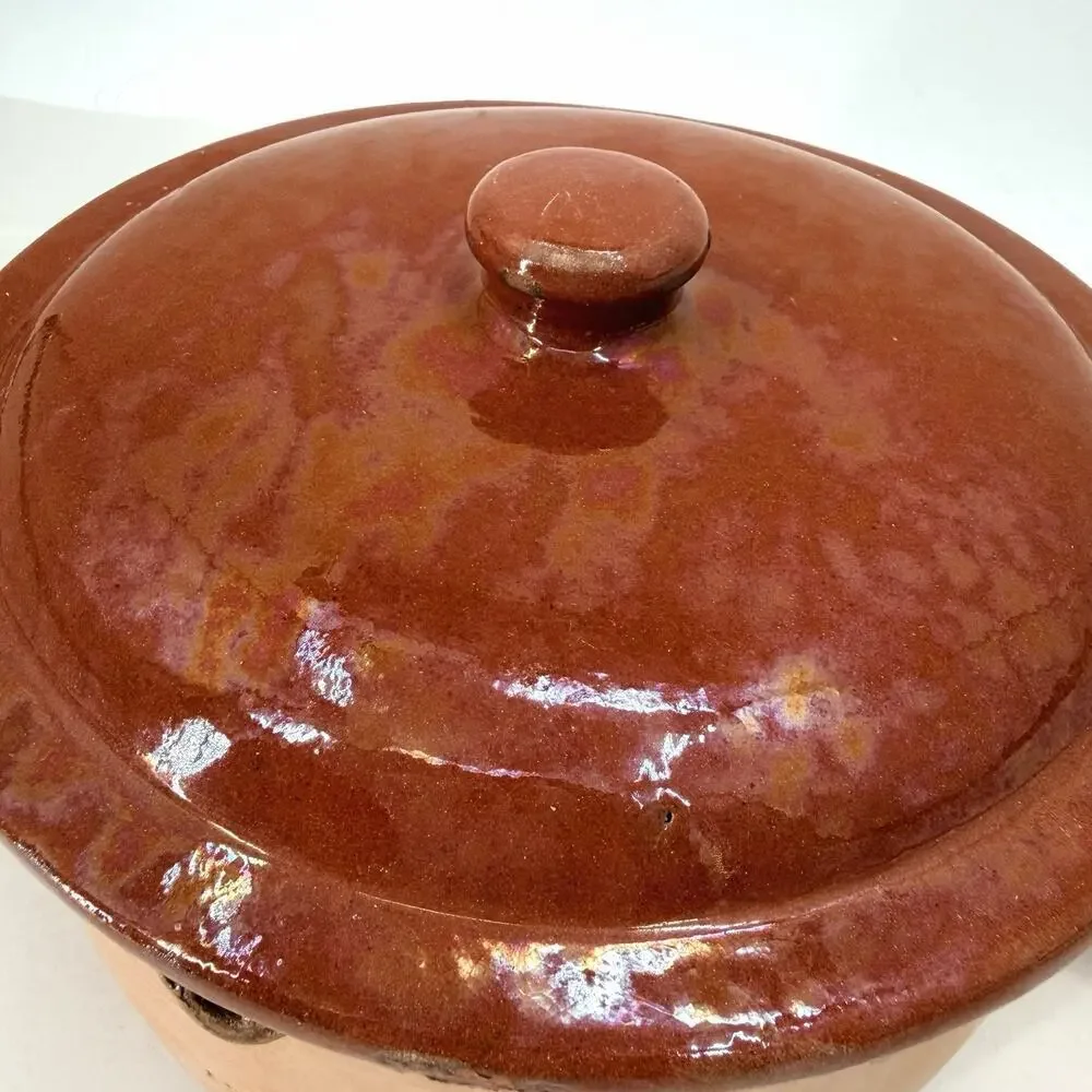 Vintage French Clay Pottery Rustic Terracotta Cooking Pot with Lid